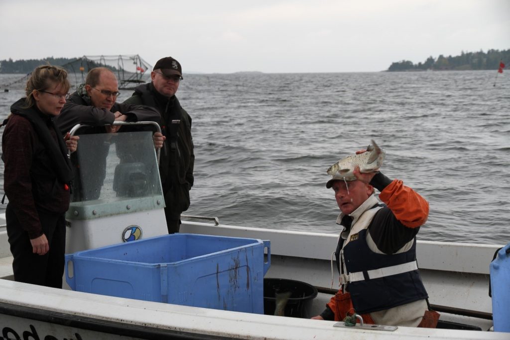 Ledamot Eeva-Maria Maijala, utskottets sekreterare Jaakko Autio och ledamot Jari Lindström med yrkesfiskare Mikael Lindholm. Bild: Kim Jordas.   